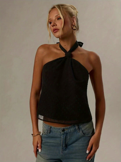 Effortless Black Swiss Dot Blouse for Women with Halter Neck Backless Bow Tie Flowing Tank Style