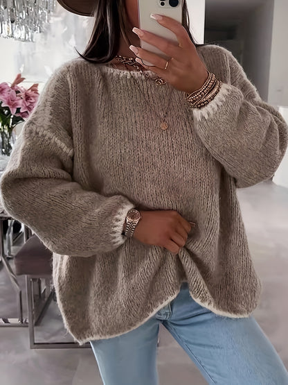 Solid Boat Neck Pullover Sweater, Women'S Casual Long Sleeve Loose Contrast Sweater