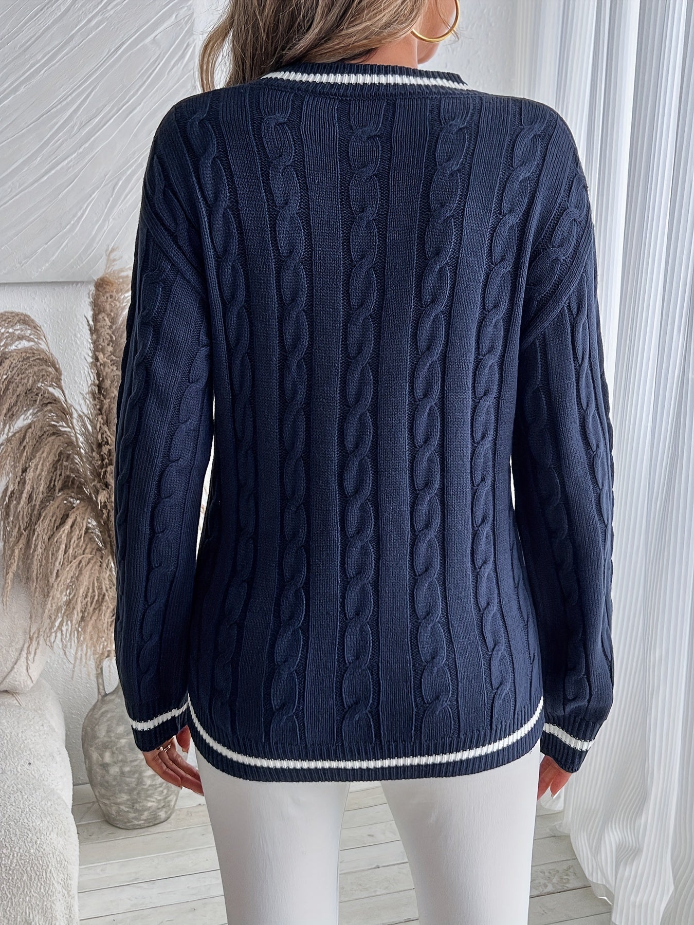 Comfortable Cable Knit Sweater for Women with V Neck Long Sleeve Striped Trim Oversized Style