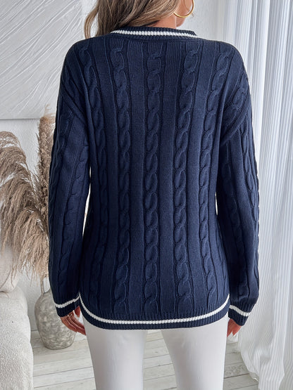 Comfortable Cable Knit Sweater for Women with V Neck Long Sleeve Striped Trim Oversized Style