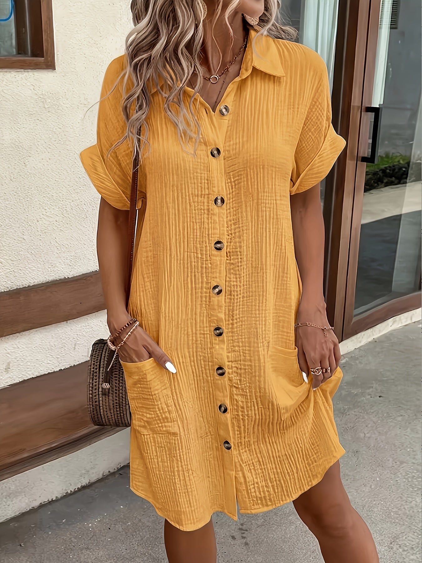 Effortless Cotton Gauze Shirt Dress for Women with Collar Short Sleeve Button Front Relaxed Style