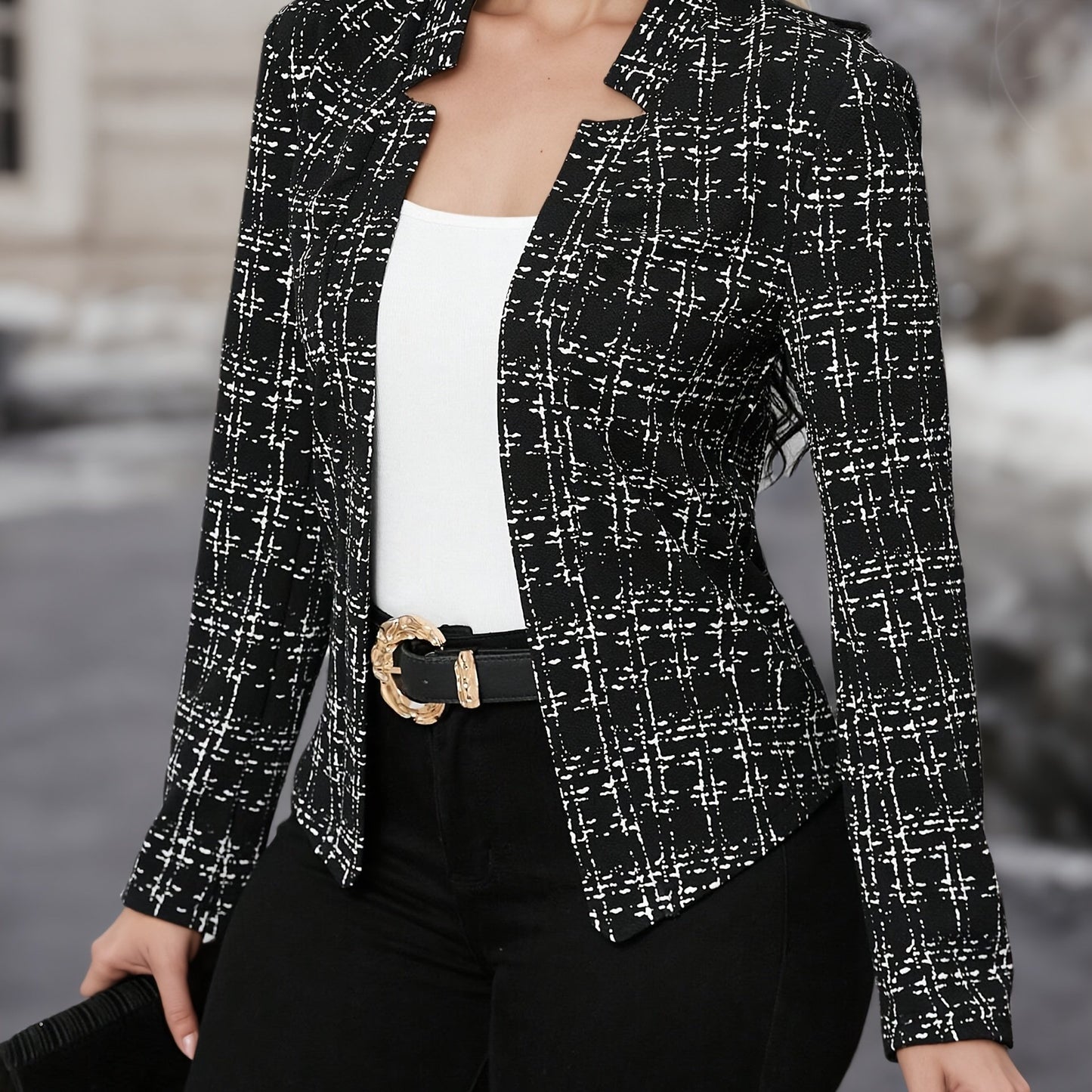 Elegant Tweed Blazer for Women with Lapel Collar Long Sleeve Open Front Fitted Style
