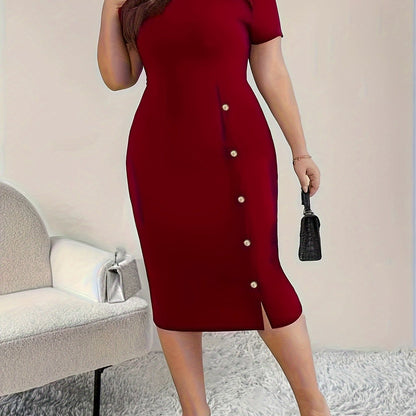 Plus Size - Plus Size - New Spring And Summer Solid Color Round Neck Buttoned Fitted Short Sleeve Stretchy Split Bodycon Dress