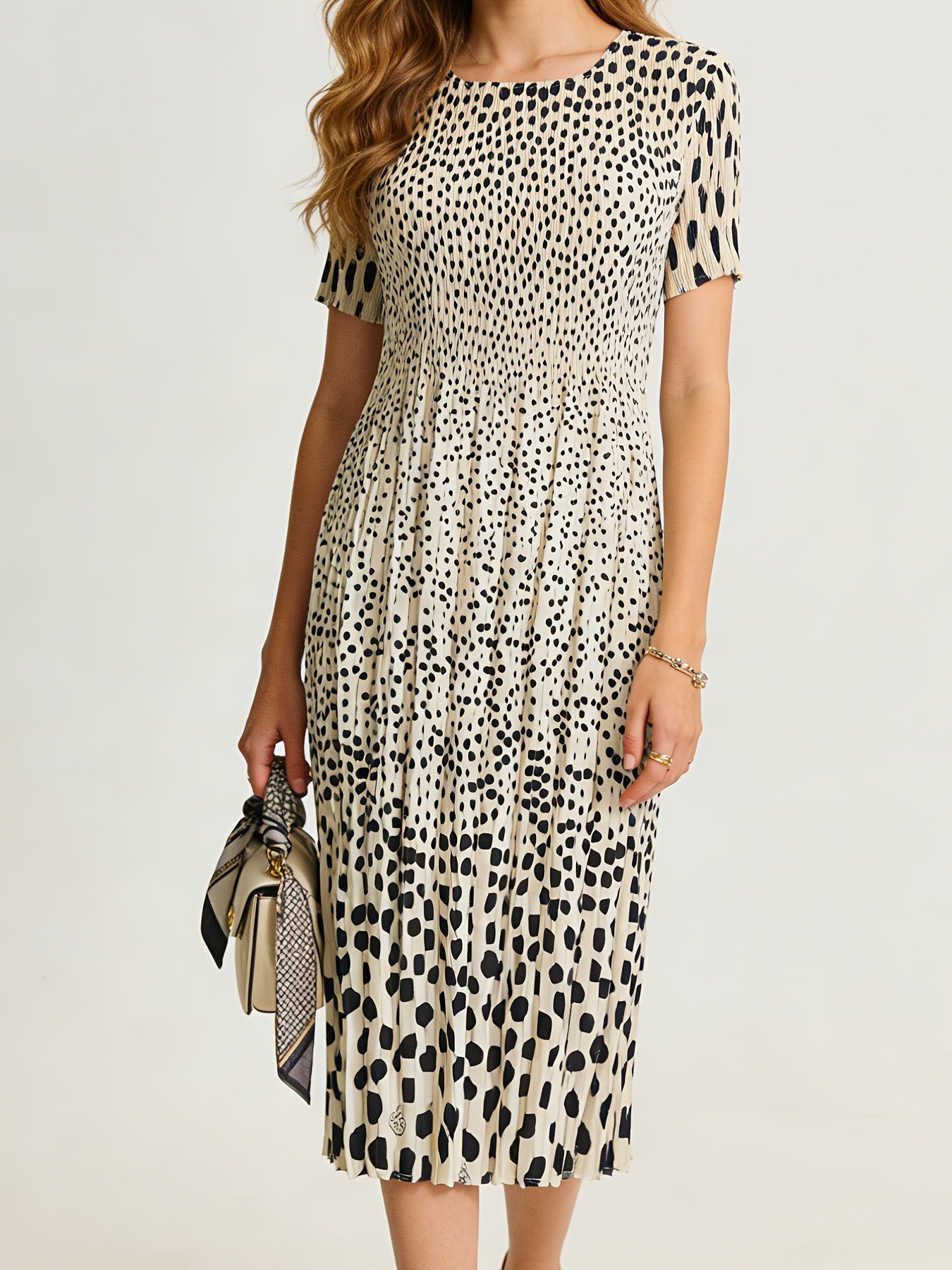 Bohemian Style Fashion Polka Dot Print Pleated Dress, High-waisted Ruffled Skirt with Good Inclusivity, Over-the-knee Mid-length 1pc Dress, Seamless Waist, Super Stretch with Instant Rebound, Simple Commuter Style, Suitable for 40.82-81.65 KG