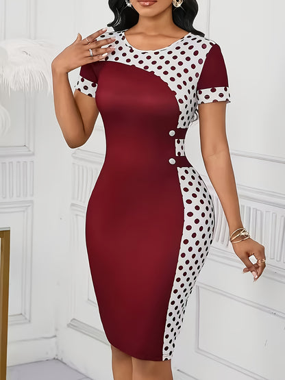 Elegant Polka Dot Midi Dress for Women with Round Neck Short Sleeve Bodycon Button Detail Cocktail Style