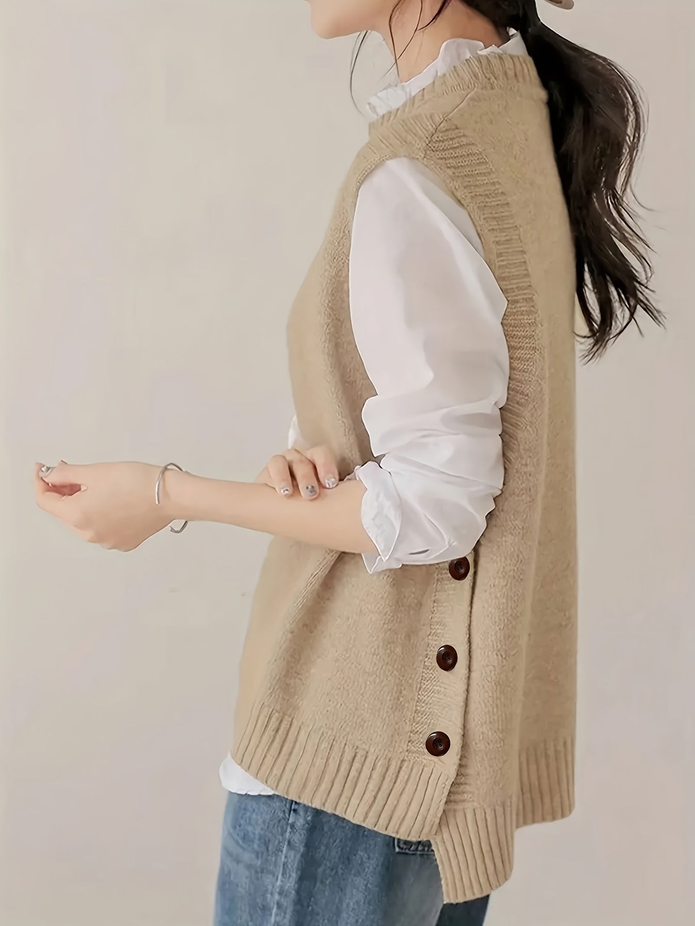 Comfortable Ribbed Knit Sweater Vest for Women with Mock Neck Sleeveless Side Button Relaxed Style