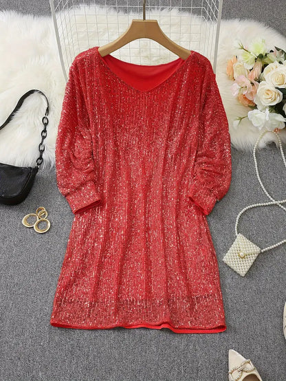 Elegant Sequin Mini Dress for Women with Off Shoulder Batwing Sleeve Bodycon Sparkle Formal Party Style