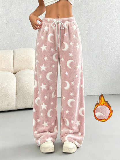 Women'S Autumn Winter Fleece Thickened Star Pattern Belt Drawstring Wide-Leg Long Pants Suitable for Outdoor Indoor Casual Plush Trousers Pants