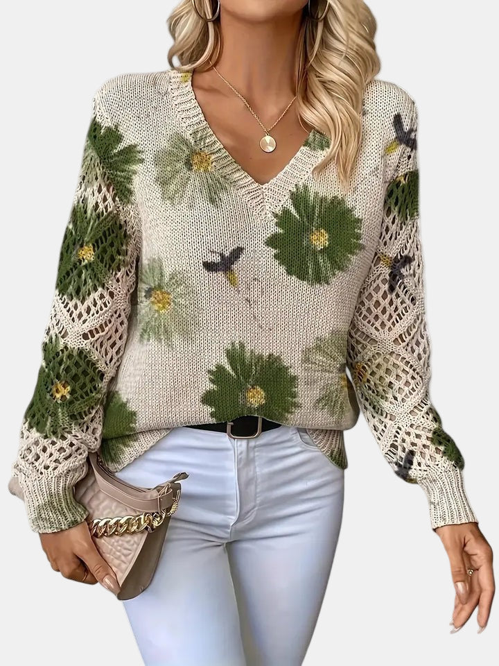 Comfortable Floral Crochet Sweater for Women with V Neck Balloon Sleeve Lace Panel Oversized Knit Style