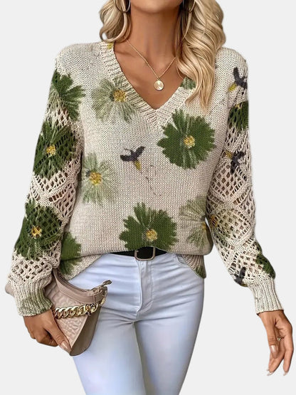 Comfortable Floral Crochet Sweater for Women with V Neck Balloon Sleeve Lace Panel Oversized Knit Style