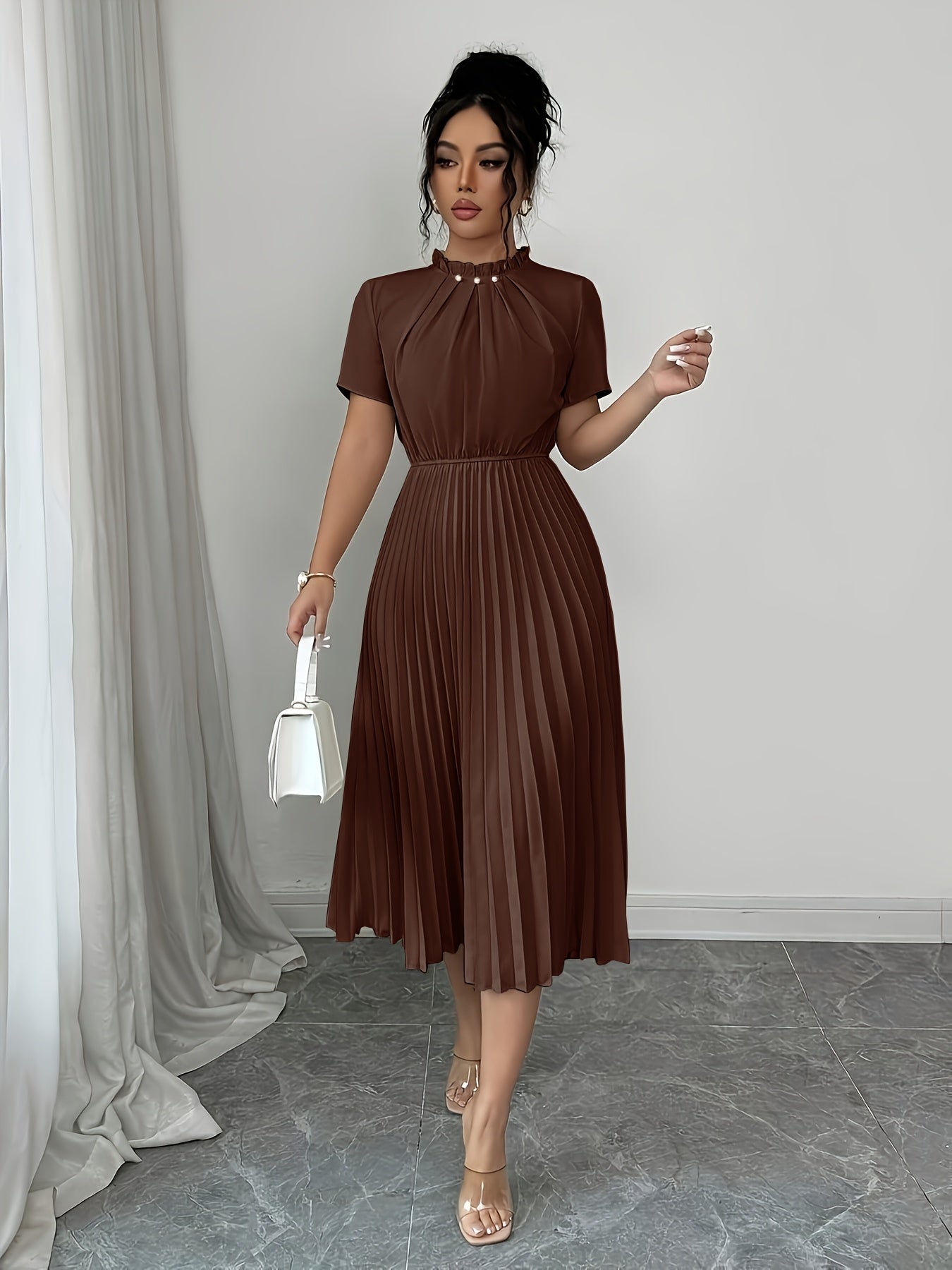 ZLLZ Trendy Summer New Style Women'S Solid Color Teardrop Back Collar Light Luxury Pearl Button Decoration with Waist-Cinching Pleated A-Line Design, Fashionable And, Women'S Fashion Dress Party Elegant Style Dress