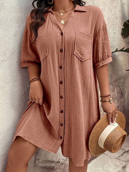 Effortless Textured Cotton Shirt Dress for Women with Collared V Neck Half Sleeve Button Front Relaxed Casual Style