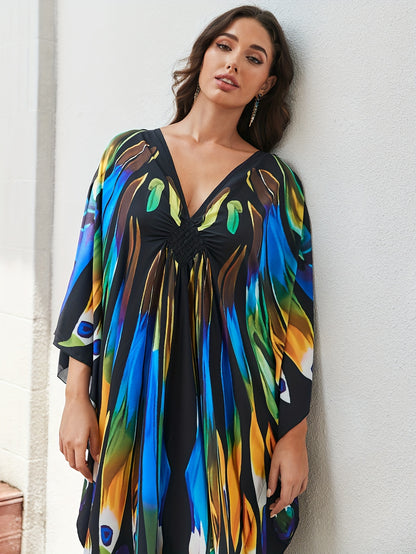 Elegant Multicolor Peacock Print Kaftan Maxi Dress for Women with V Neck Batwing Sleeve Flowing Style