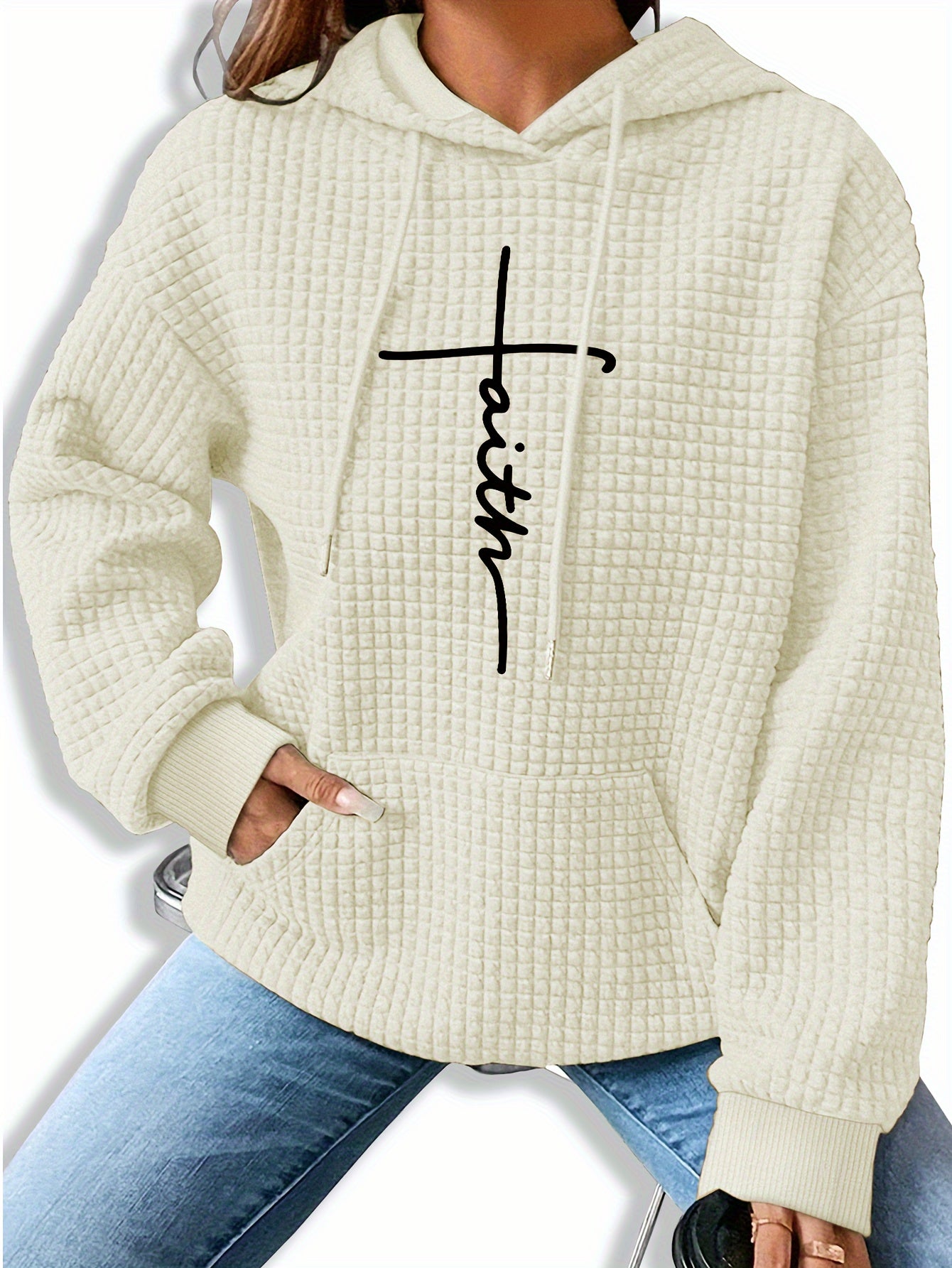 Graphic Print Solid Waffle Kangaroo Pocket Hoodie, Casual Long Sleeve Drawstring Hoodies Sweatshirt, Women'S Clothing