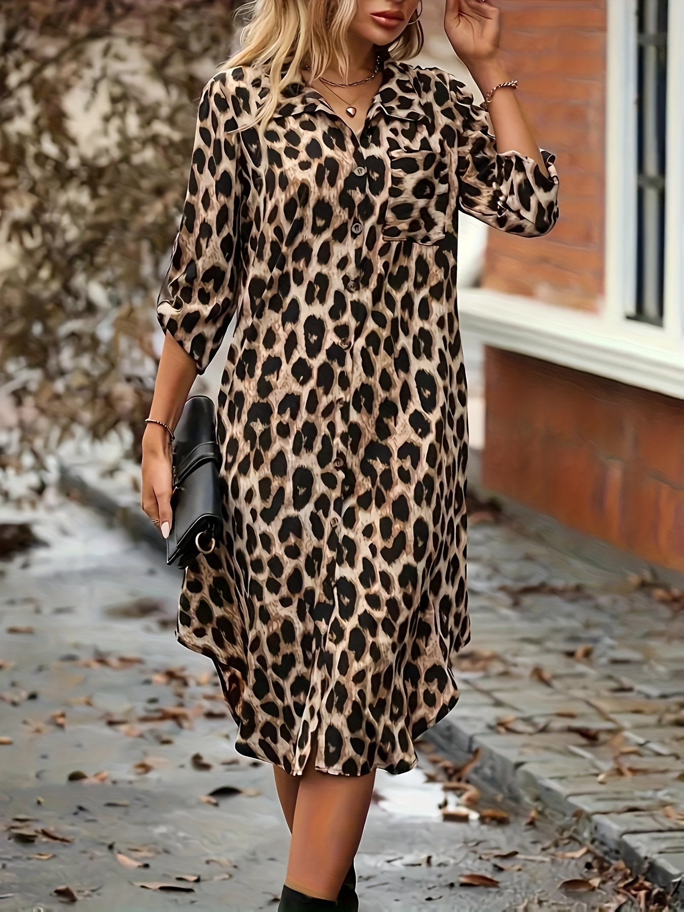 Elegant Leopard Print Shirt Dress for Women with Collar Elbow Sleeve Button Front Side Slit Casual Style