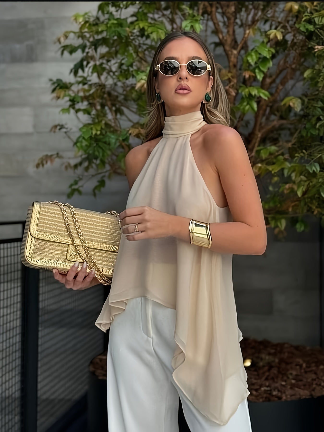 Effortless Chiffon Halter Blouse for Women with High Neck Sleeveless Asymmetric Hem Flowing Style