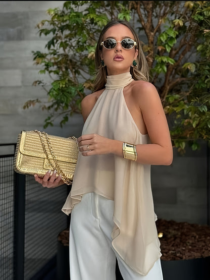 Effortless Chiffon Halter Blouse for Women with High Neck Sleeveless Asymmetric Hem Flowing Style