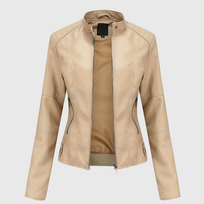 Elegant Faux Leather Moto Jacket for Women with Stand Collar Long Sleeve Zip Front Fitted Style