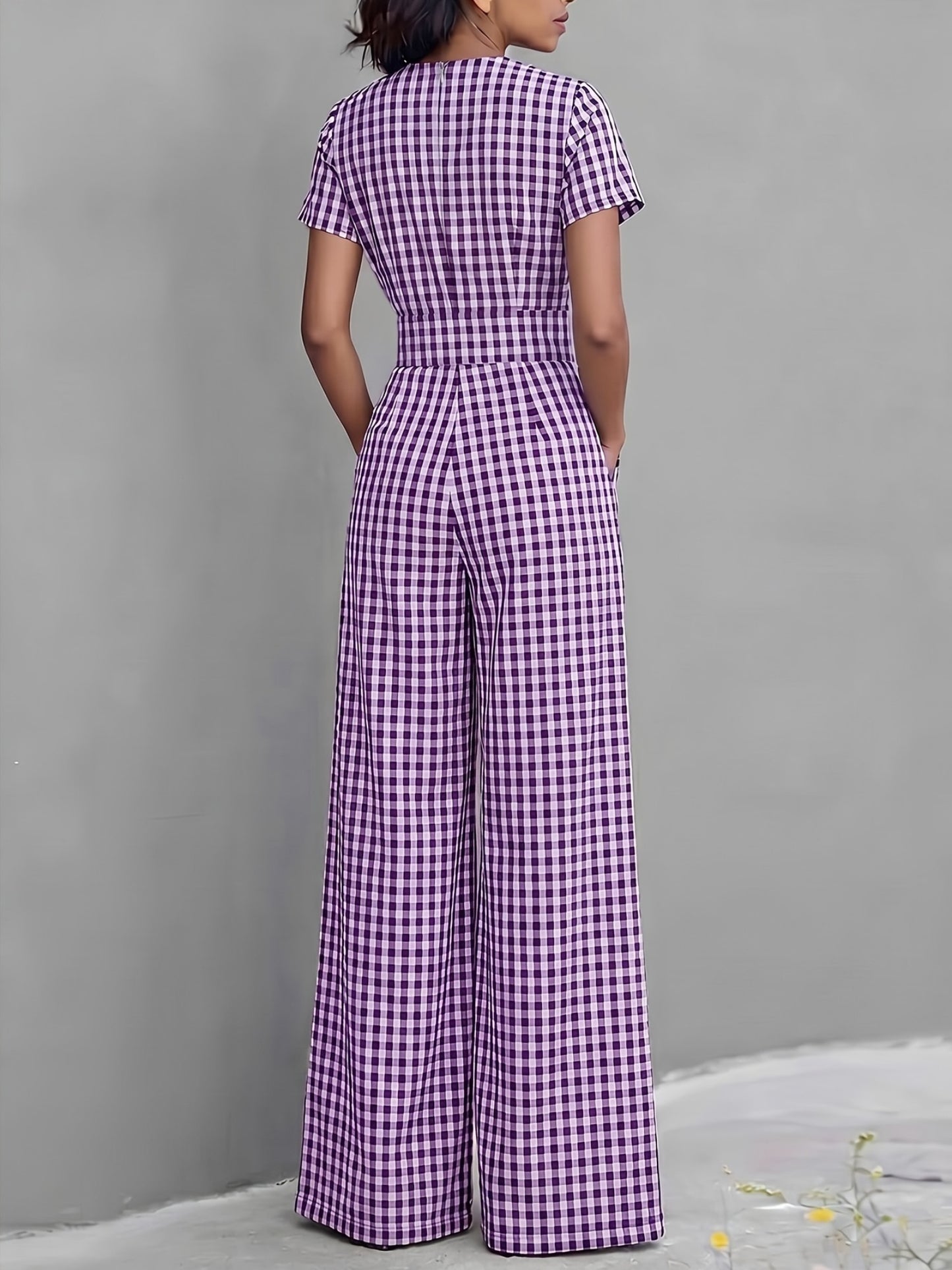 2026 Spring Summer New Plaid V-Neck Short Sleeve Jumpsuit Women'S High-Waist Wide-Leg Straight Long Pants, Women'S Commute Casual Two-Wear Jumpsuit, High-Waist Waist-Cinching Design with Flowing Wide-Leg Trousers