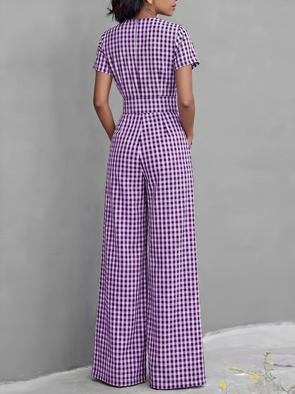 2026 Spring Summer New Plaid V-Neck Short Sleeve Jumpsuit Women'S High-Waist Wide-Leg Straight Long Pants, Women'S Commute Casual Two-Wear Jumpsuit, High-Waist Waist-Cinching Design with Flowing Wide-Leg Trousers