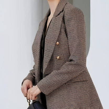 Elegant Coffee Brown Houndstooth Three Piece Set for Women with Notch Lapel Double Breasted Blazer Vest Shorts Formal Style