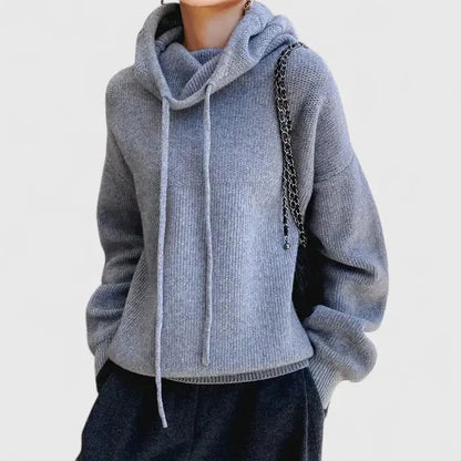 Comfortable Knit Hooded Sweater for Women with Cowl Neck Long Sleeve Drawstring Oversized Style