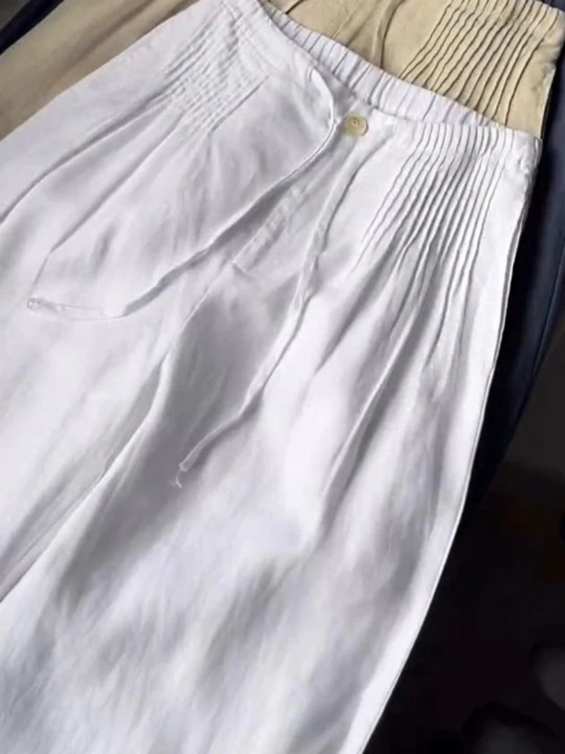 Effortless Linen Wide Leg Pants for Women with High Waist Drawstring Smocked Relaxed Casual Style