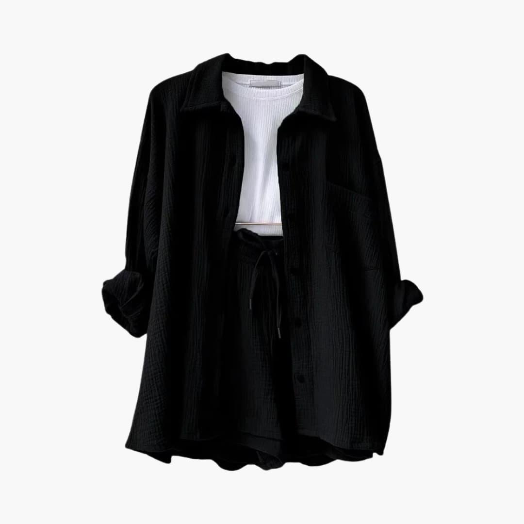 Effortless Crinkle Cotton Two Piece Set for Women with Collared Button Front Drawstring Shorts Relaxed Style