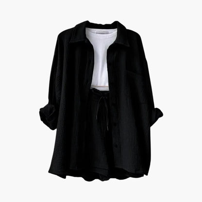 Effortless Crinkle Cotton Two Piece Set for Women with Collared Button Front Drawstring Shorts Relaxed Style