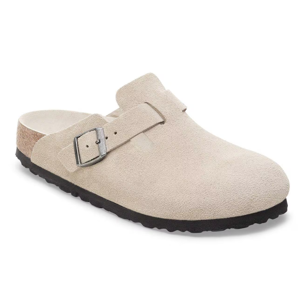 Comfortable Clogs for Women with Suede Upper Buckle Strap Contoured Cork Footbed Style