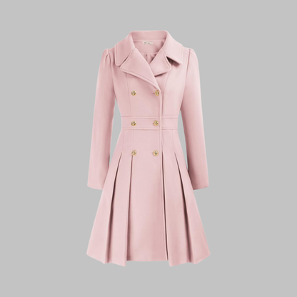 Elegant Wool Blend Pea Coat for Women with Notched Lapel Long Sleeve Double Breasted Pleated Fit and Flare Style