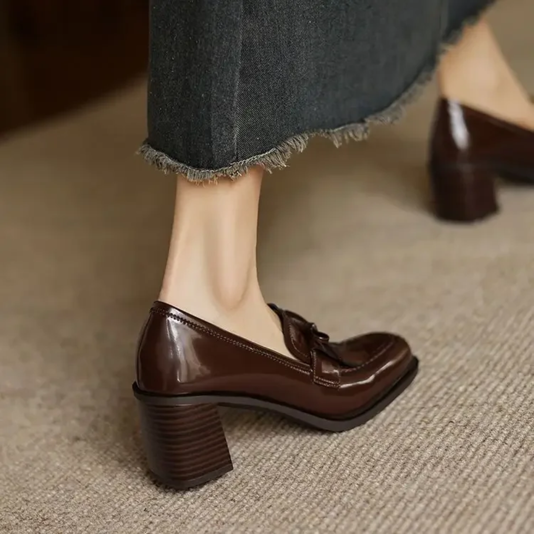 Elegant Patent Leather Tassel Loafer for Women with Block Heel Bow Fringe Detail Classic Style