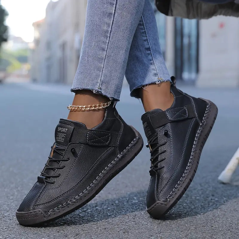 Comfortable Leather Fashion Sneaker for Women with Lace Up Velcro Strap Hand Stitched Casual Style