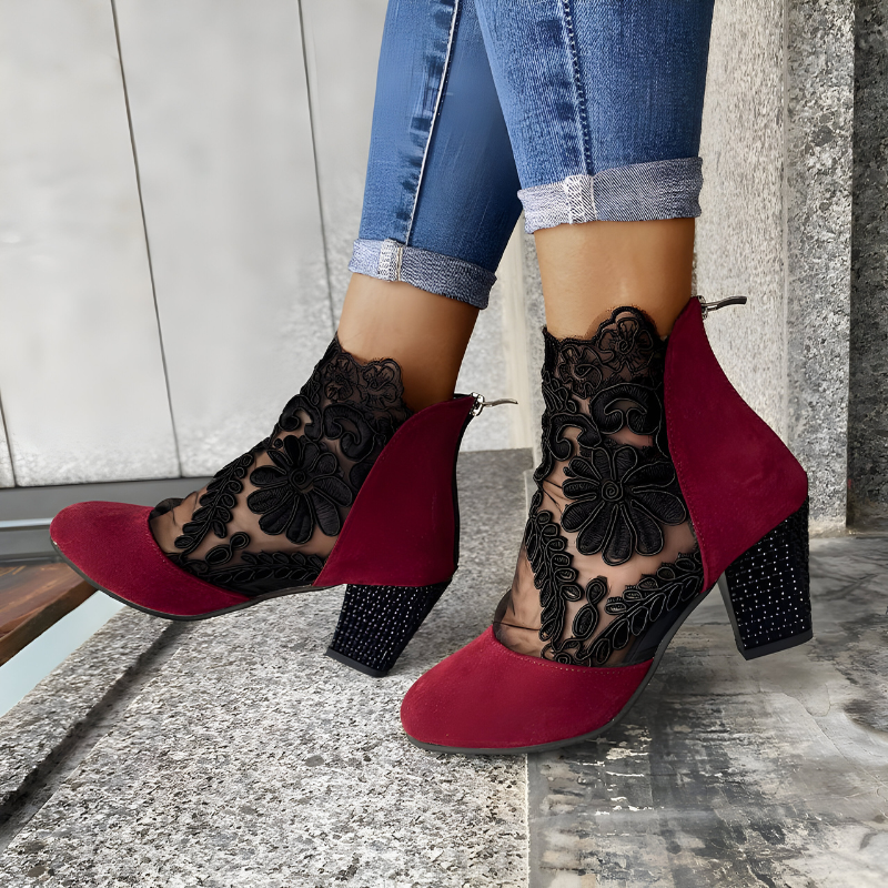 Elegant Lace Ankle Boot for Women with Floral Embroidery Mesh Block Heel Style