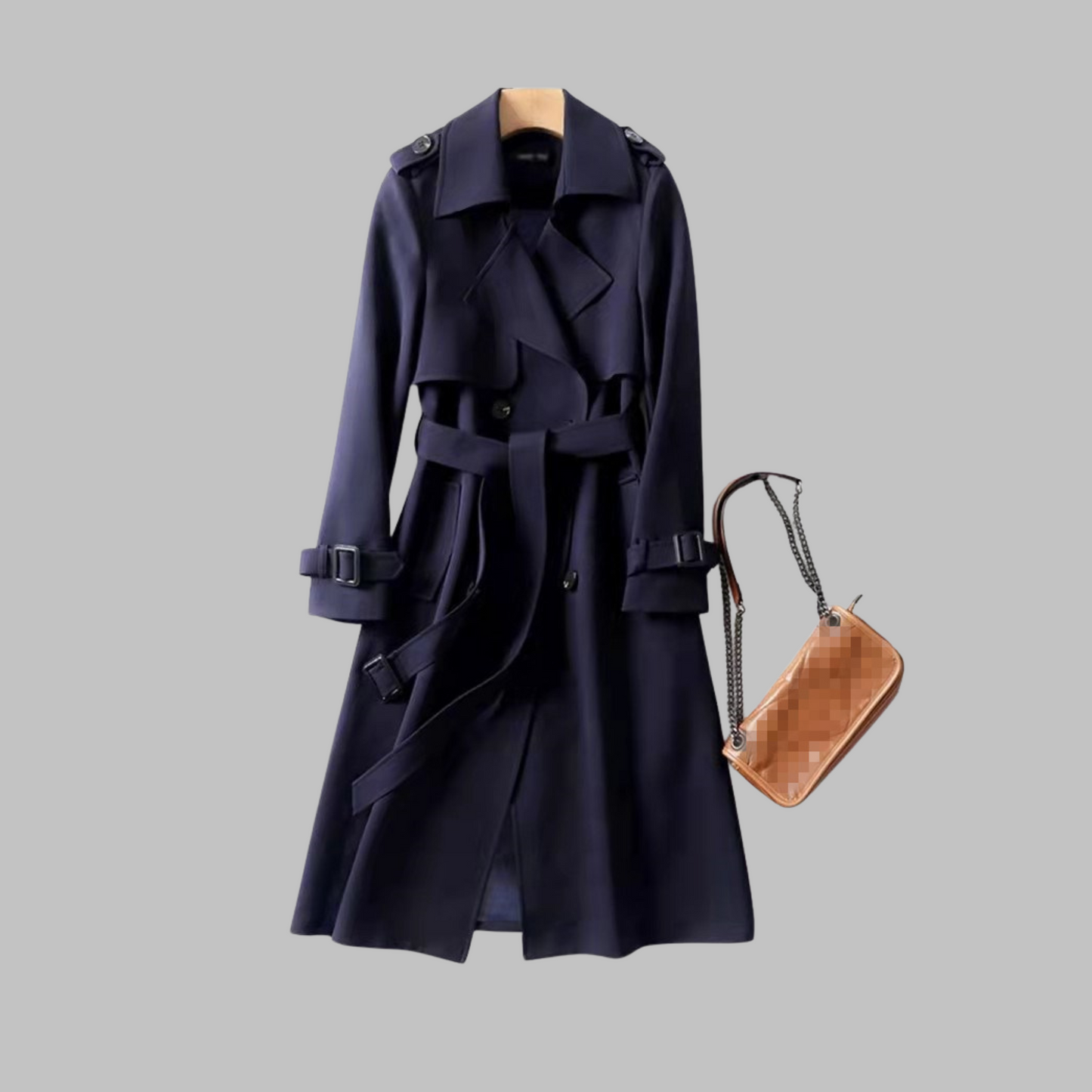 Elegant Trench Coat for Women with Notched Lapel Long Sleeve Double Breasted Belted Flowing Style