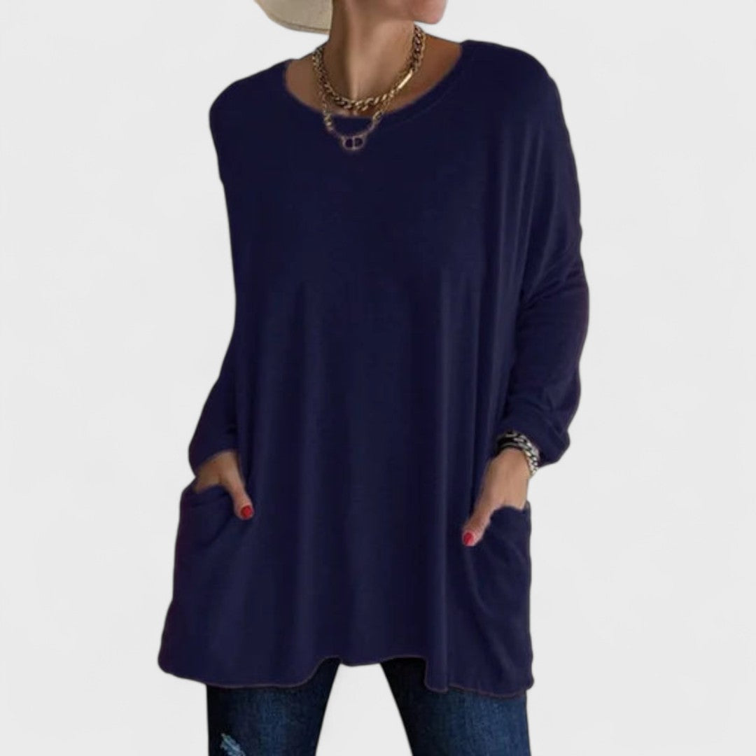 Effortless Oversized Tunic for Women with Crew Neck Long Sleeve Side Pocket Relaxed Style