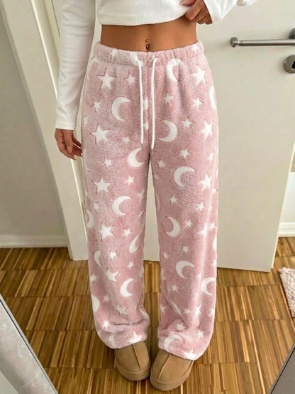 Women'S Autumn Winter Fleece Thickened Star Pattern Belt Drawstring Wide-Leg Long Pants Suitable for Outdoor Indoor Casual Plush Trousers Pants
