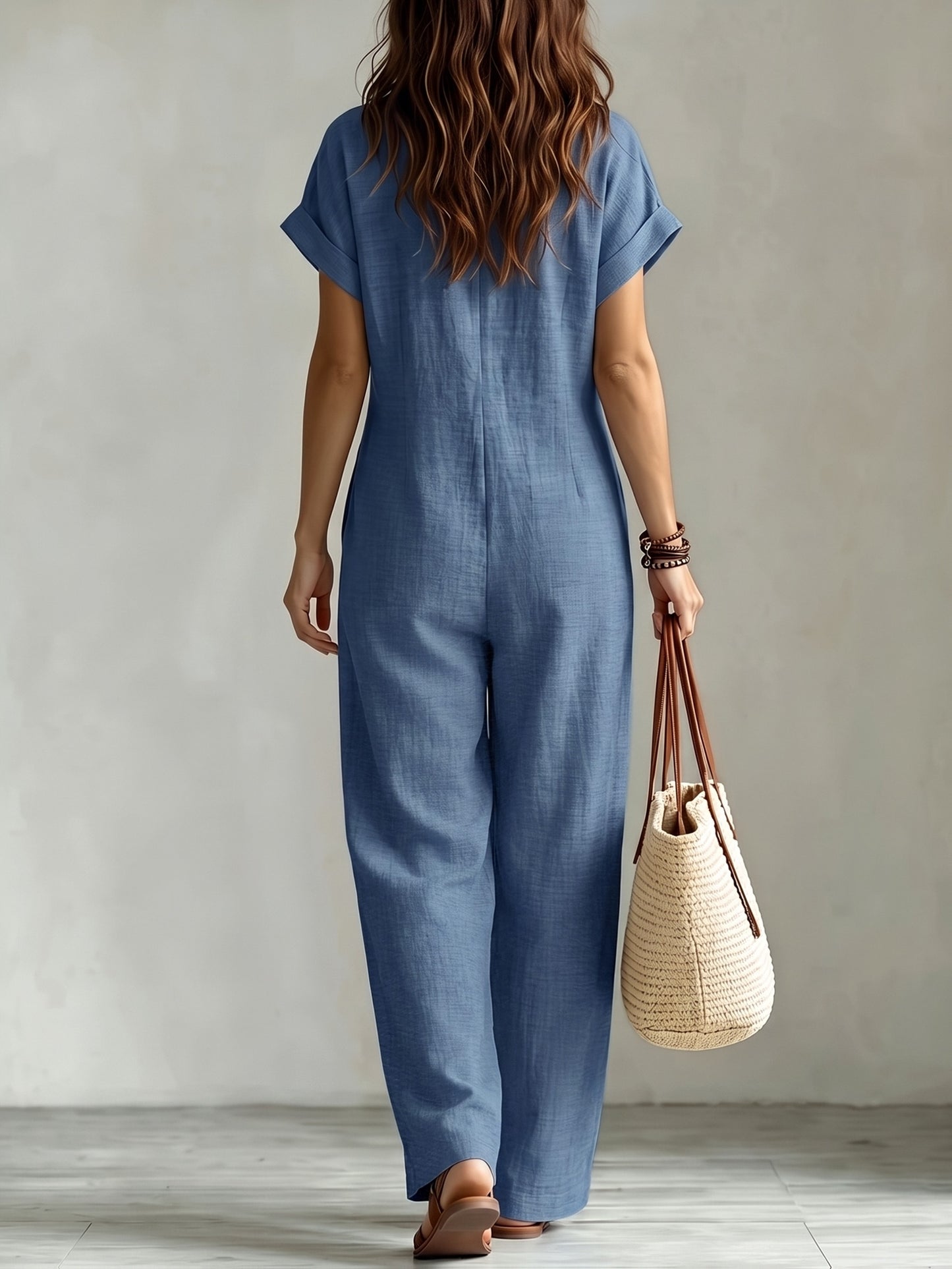 Women'S Summer Short Sleeve Jumpsuit, Collared Single-Row Button Loose Straight Style, Casual Cargo Overalls, Loose Straight Drape Long Pants, Daily Commute Casual All-Match Fashion Comfortable