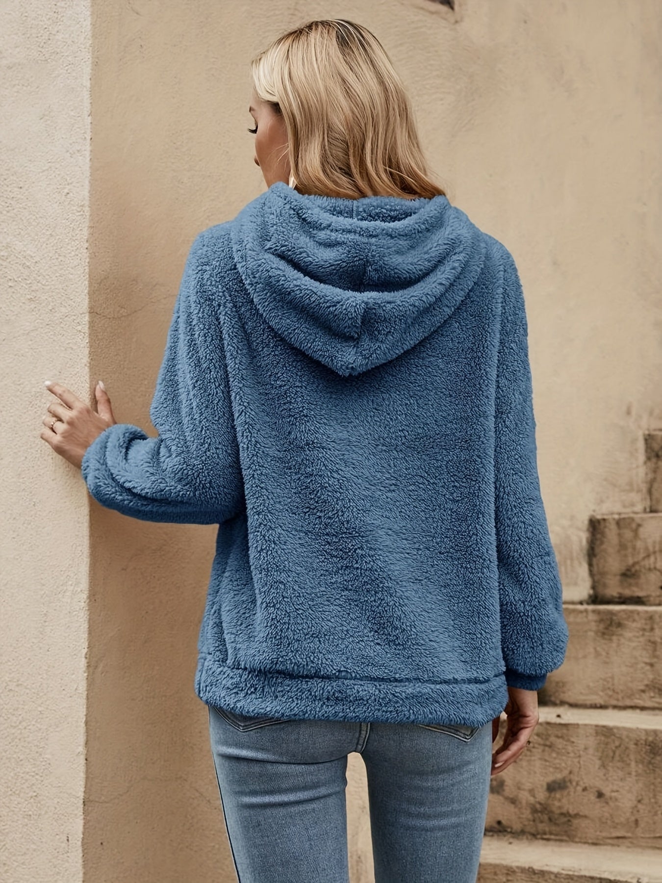 Solid Color Teddy Hoodie, Casual Long Sleeve Drawstring Hooded Sweatshirt, Women'S Clothing