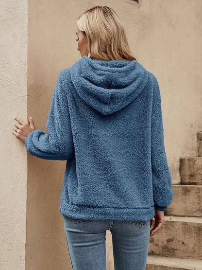 Solid Color Teddy Hoodie, Casual Long Sleeve Drawstring Hooded Sweatshirt, Women'S Clothing