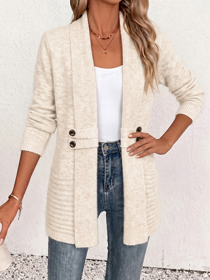 Effortless Ribbed Cardigan Sweater for Women with Shawl Collar Long Sleeve Button Tab Relaxed Style