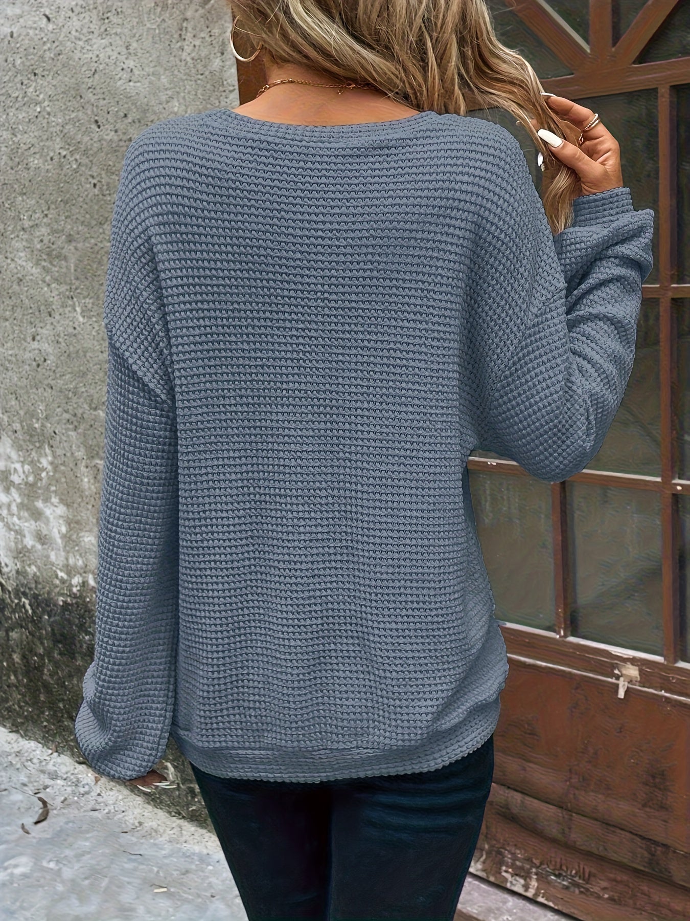 Women's Casual Solid Color Drop Shoulder Waffle Long Sleeve Sweatshirt - Relaxed Fit, Medium Stretch, Machine Washable, All-Season Comfort, Everyday Apparel, Round Neckline Top, Ribbed Cuffs, Comfortable Clothing, Durable Construction, Versatile Blouse, M