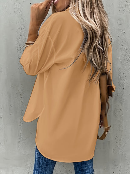 Solid Color Button-Up Long Sleeve Shirt for Women