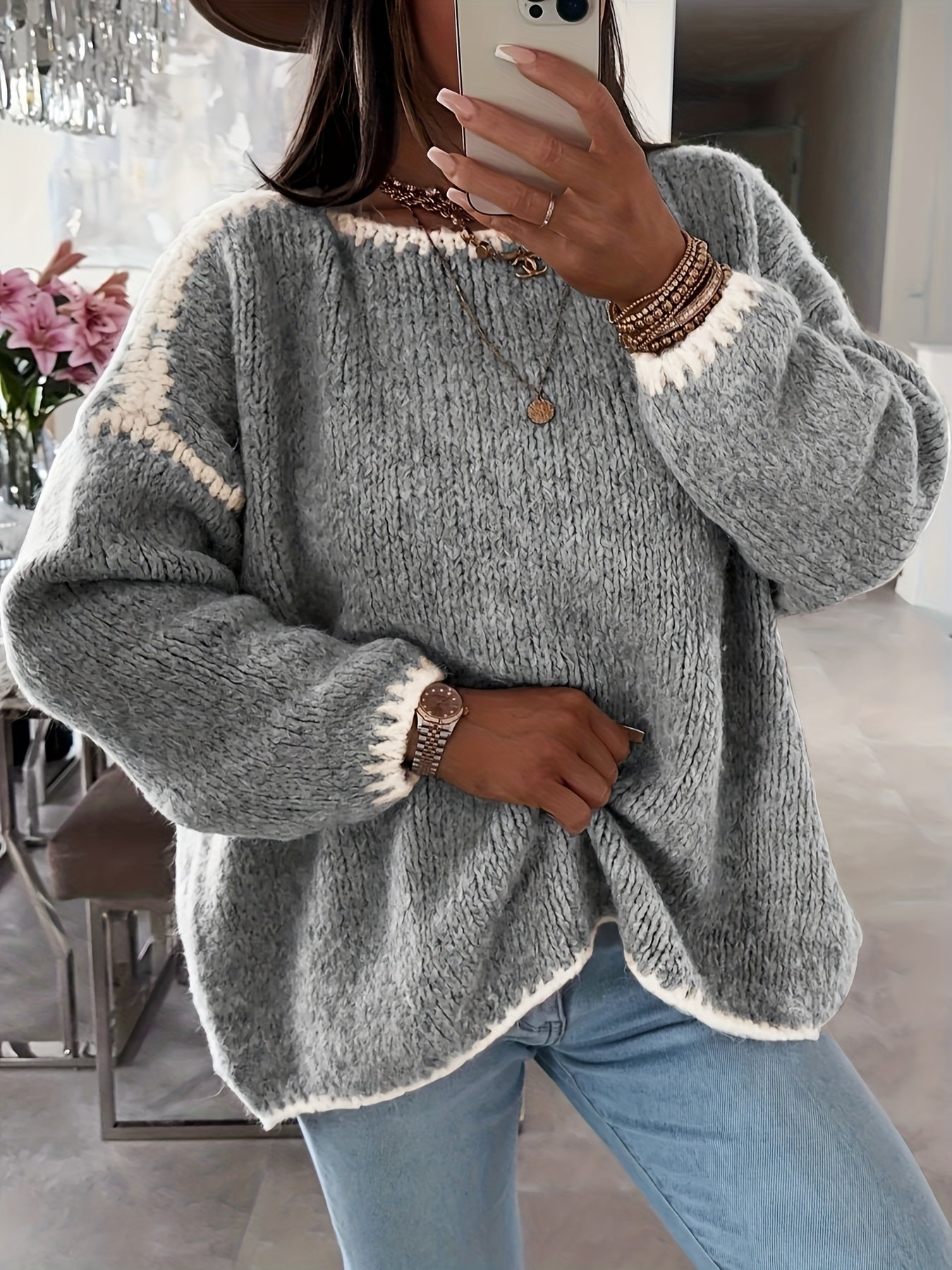 Solid Boat Neck Pullover Sweater, Women'S Casual Long Sleeve Loose Contrast Sweater