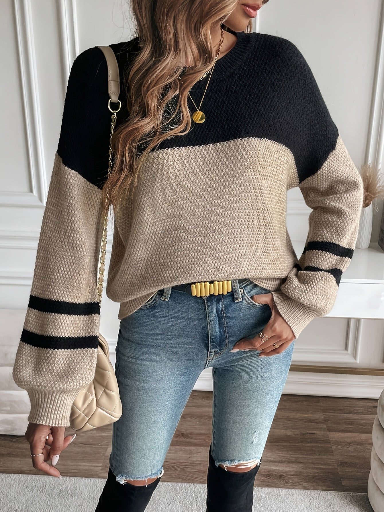 Women's Casual Two-Tone Color-Block Drop Shoulder Pullover Sweater - Soft Round Neck All-Season Versatile Top for Casual Attire, Cute Sweaters, Relaxed Outfit, Elegant Style, Durable Construction, Stylish Knitwear, Comfort Seekers