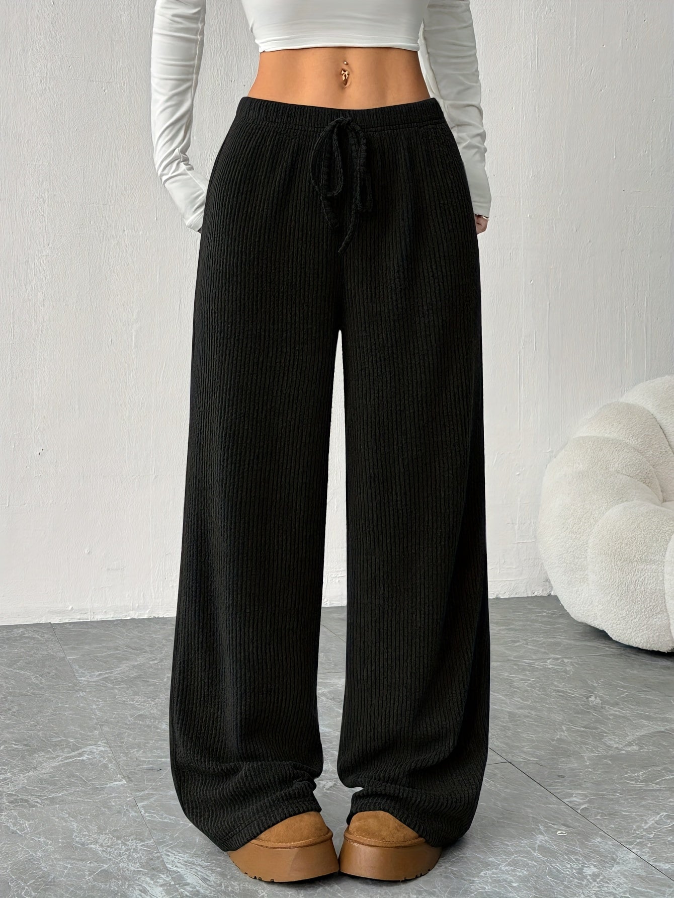 Effortless Corduroy Wide Leg Pants for Women with High Waist Drawstring Relaxed Flowing Casual Style