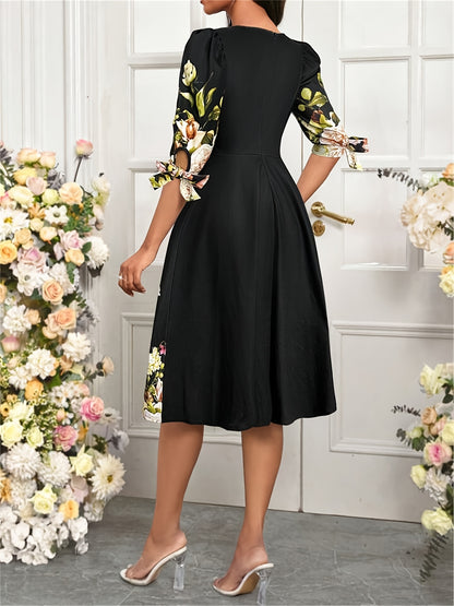 Summer Elegant Orienteering Style Floral Print Round Neck Bubble Short Sleeve Bow Women'S A-Line Dress