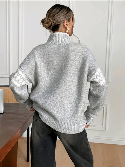 Comfortable Grey Marled Sweater for Women with High Neck Long Sleeve Relaxed Oversized Knit Style
