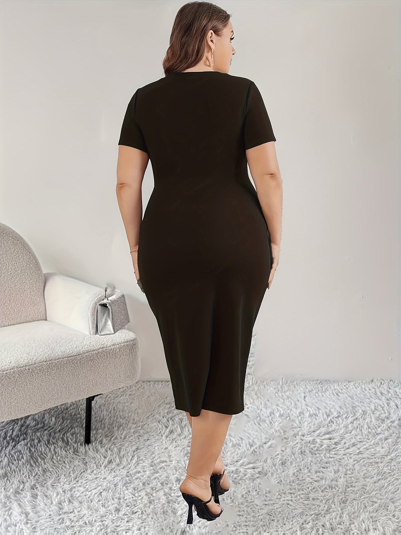 Plus Size - Plus Size - New Spring And Summer Solid Color Round Neck Buttoned Fitted Short Sleeve Stretchy Split Bodycon Dress