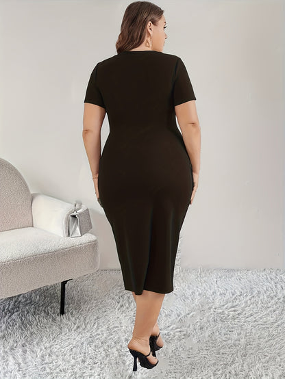 Plus Size - Plus Size - New Spring And Summer Solid Color Round Neck Buttoned Fitted Short Sleeve Stretchy Split Bodycon Dress